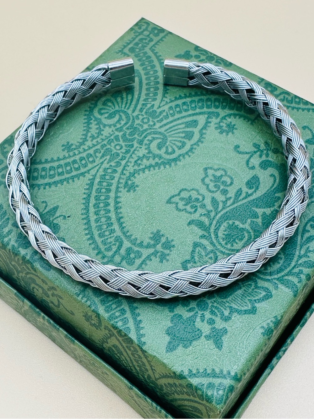 Silver-Tone Braided Wire Cuff Bracelet Woven Rope Design Open Bar Ends